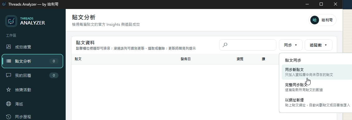 脆稿貼文分析頁,已展開同步選單並指向同步新貼文